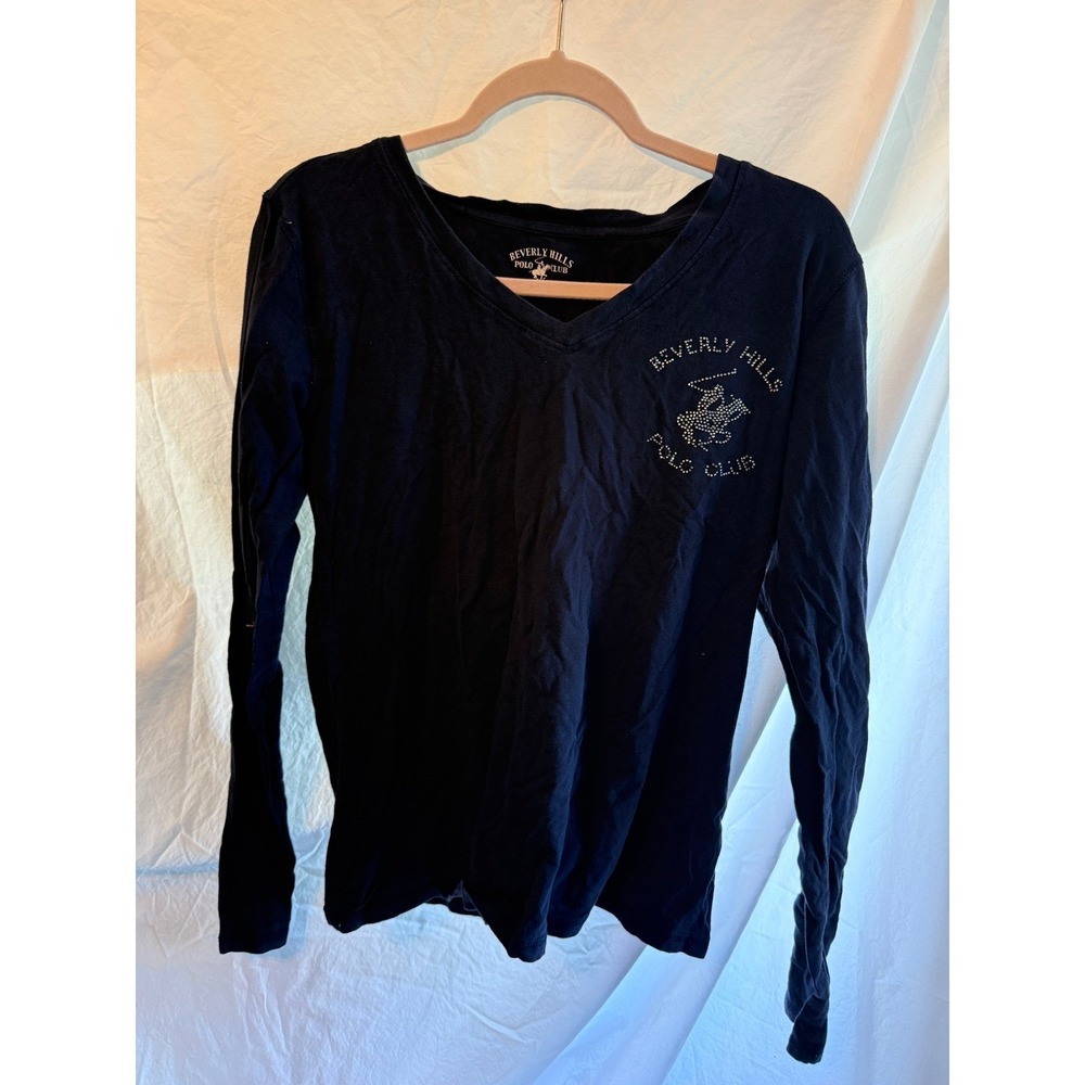 Beverly Hills Polo Club Women Navy Blue V-Neck Long Sleeve Rhinestone Logo Top L